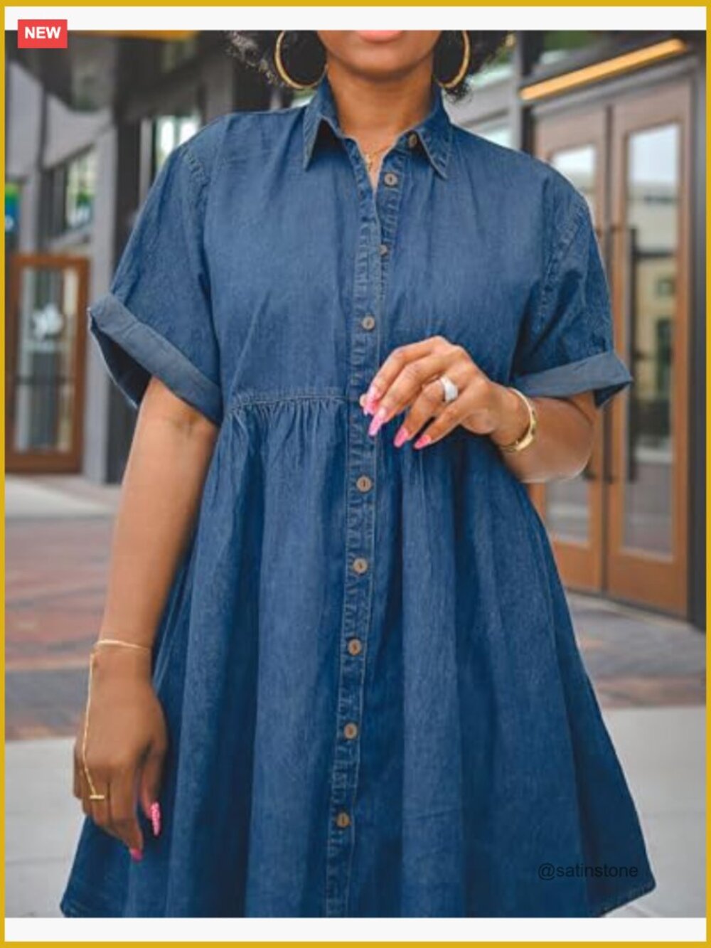 Button Down Ruffle Tiered Babydoll Jean Dress Swing Short Sleeve Cotton - Picture 2 of 7